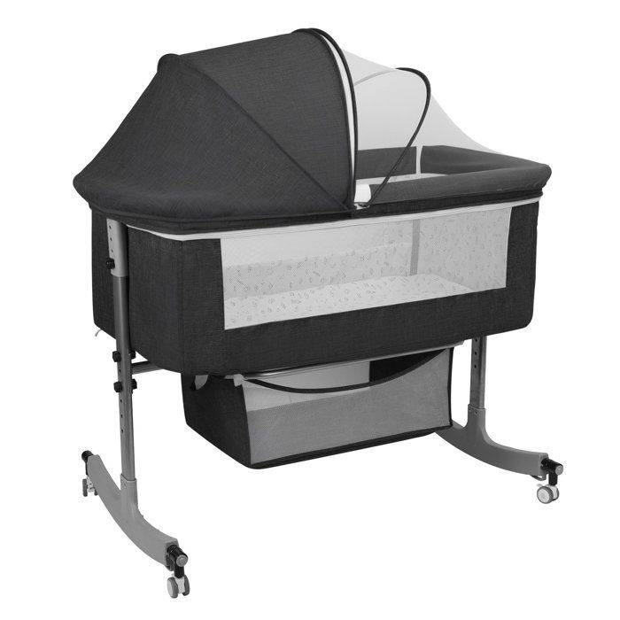 Lit bébé 3‑en‑1 Cododo Berceau 0‑24 mois Hauteur 6 positions réglables Roulettes Matelas+Moustiquaire+Poche de rangement Noir