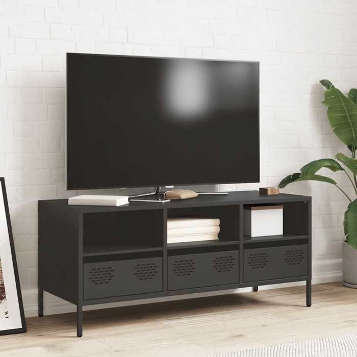 Meuble TV industriel - vidaXL - Noir - Acier laminé à froid - 101 5x39x43 5 cm - 3 compartiments - 3 tiroirs