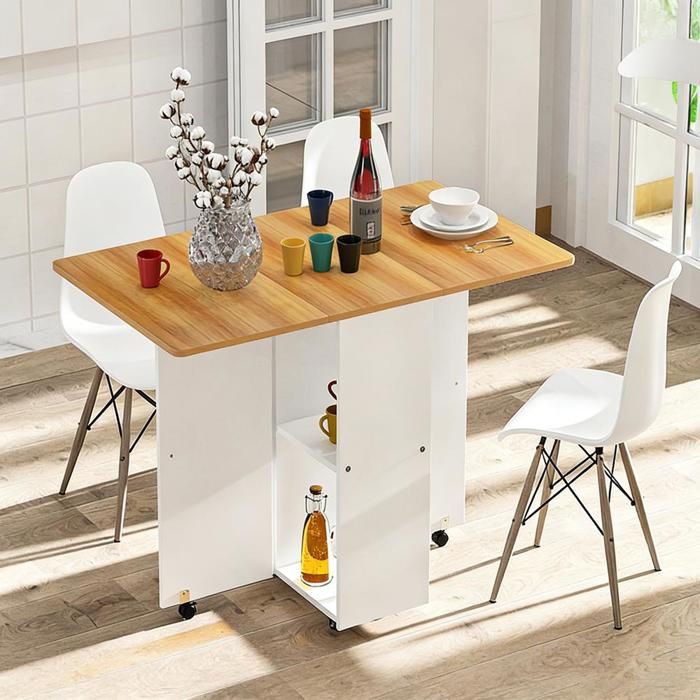 SUPFINE Table à Manger Pliante sur Roulettes Table de Cuisine pour 4 Personnes avec 2 Abattants et étagères pour Petits Espaces