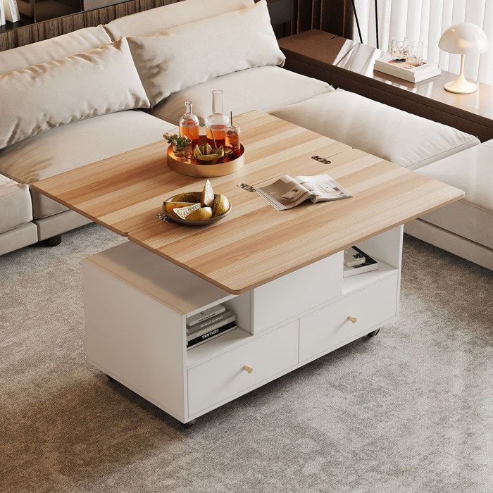 Table basse relevable bois naturel et blanc L 100 x P 50 x H 475-62 cm extensible 4 tiroirs