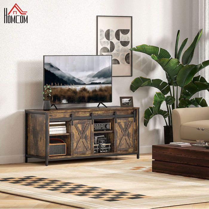 Meuble TV industriel marron avec 6 compartiments et portes coulissantes
