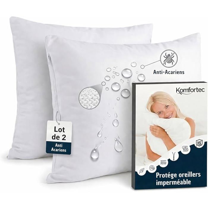 Protège Oreiller Imperméable 40 x 60 cm Lot de 2 avec Fermeture éclair Respirantes 40 x 60 cm Lot de 2