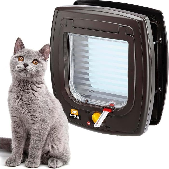 Chatiere Magnetique Porte pour Chats Entrée et Sortie Contrôlables à 4 Voies Proctection contre les Courants dair Marron