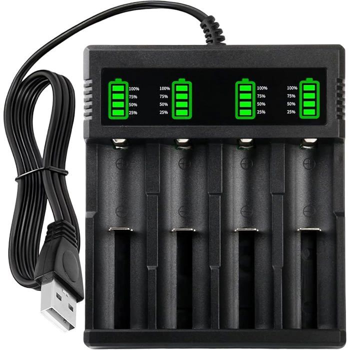 18650 Chargeur de Batterie 3 7V 4 Slots Chargeur Accu écran LCD Peut Afficher la Capacité Charge Rapide avec Câble USB 4 Slots
