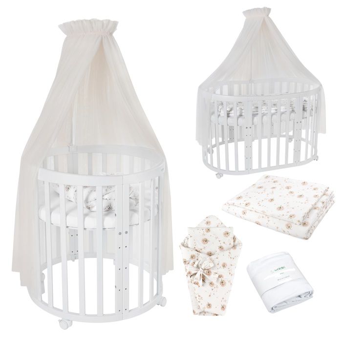Waldin Lit Bébé Ovale 7en1 Évolutif Matelas - Blanc - Ensemble Pissenlit Champagne inclus Waldin Lit Bébé Ovale 7en1 Évolutif Matelas - Blanc - Ensemble Pissenlit Champagne inclus