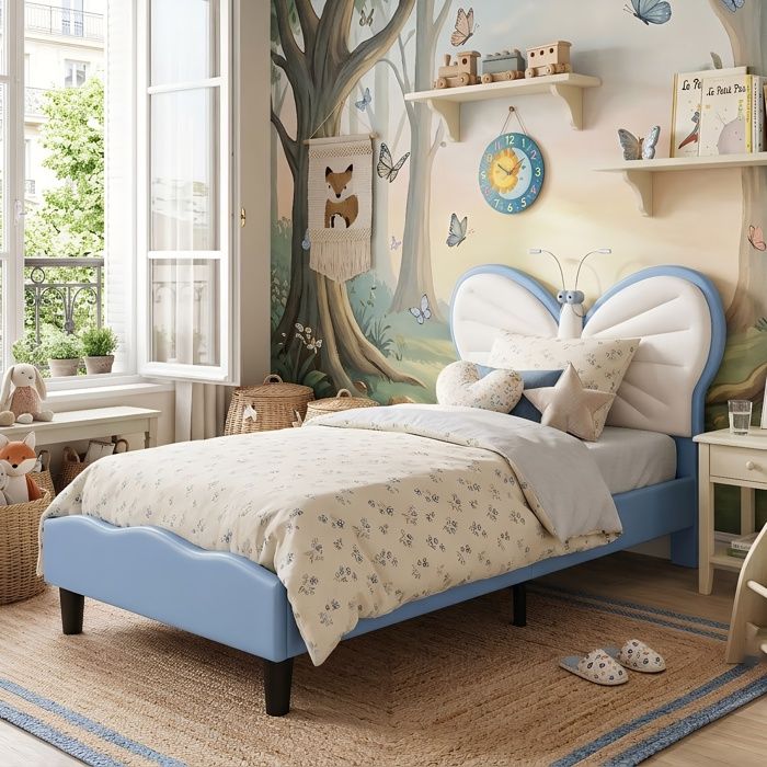Lit Enfant 90x200cm - Tête Papillon - Lampe Lecture LED - LED Sous Lit - Hauteur Réglable - Velours et PU Blanc Bleu