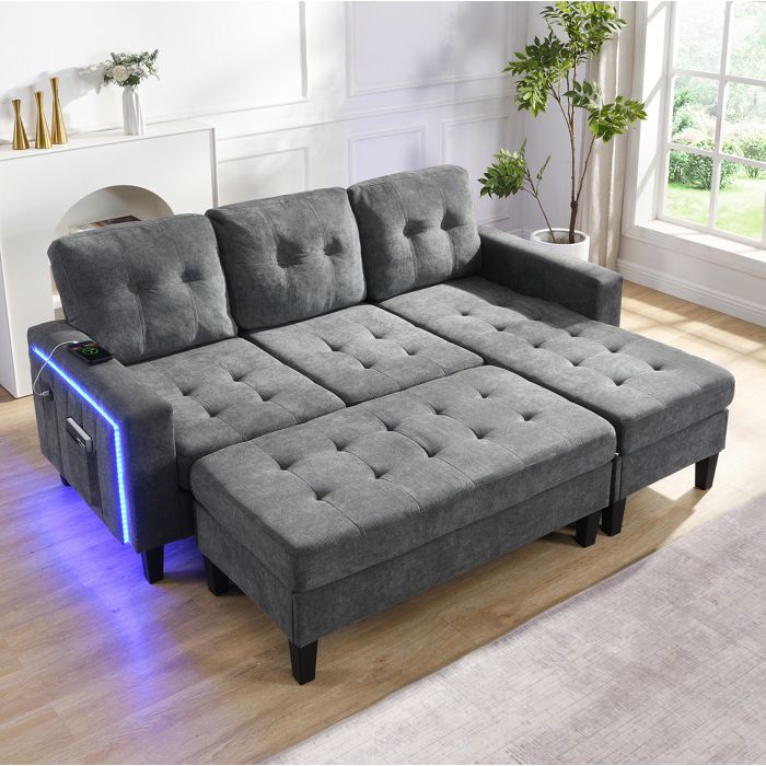Canapé dangle modulable 3 places convertible avec pouf XXL mobile LED USB chenille gris antique