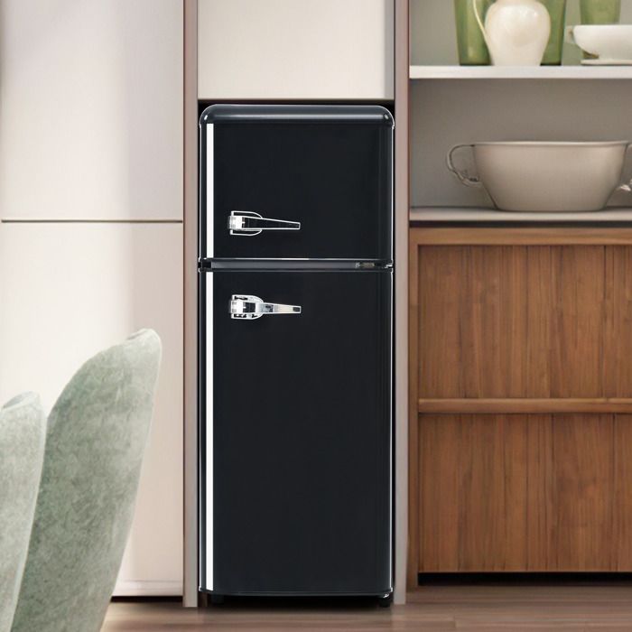 Réfrigérateur rétro noir à double porte 92 L congélateur 28 L classe D LED