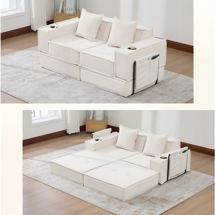 HOMVRA canapé modulable convertible 2 places 162x78x66 cm velours côtelé beige 2 coussins