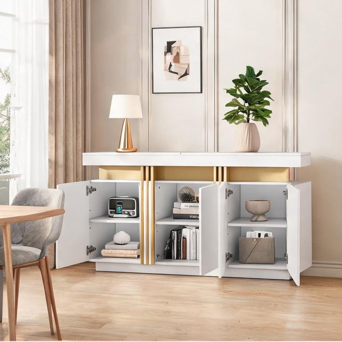 Buffet blanc effet marbre 140x38x70 cm 3 portes 6 niches ajustables panneau de particules