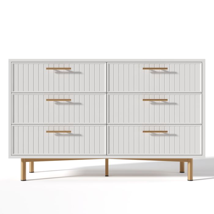 Commode blanche 6 tiroirs buffet haut de rangement pour chambre et salon meuble compact H75 x L120 x P40 cm
