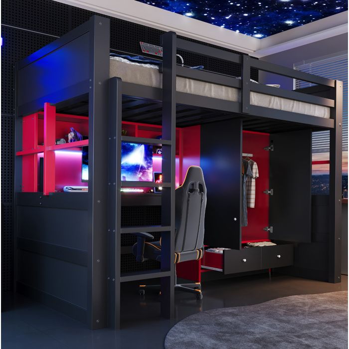 Lit mezzanine 90 x 200 cm avec bureau armoire 2 tiroirs LED et prises style gaming noir rouge Grjofek