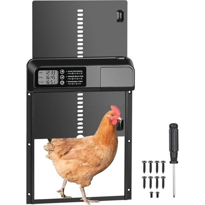 Porte automatique pour poulailler – Aluminium renforcé – Écran LCD programmable – Étanchéité IPX4 – Fonction anti-pincement