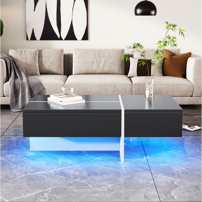 Table basse brillante noire et blanche 100 x 50 x 345 cm avec LED via application et 3 tiroirs