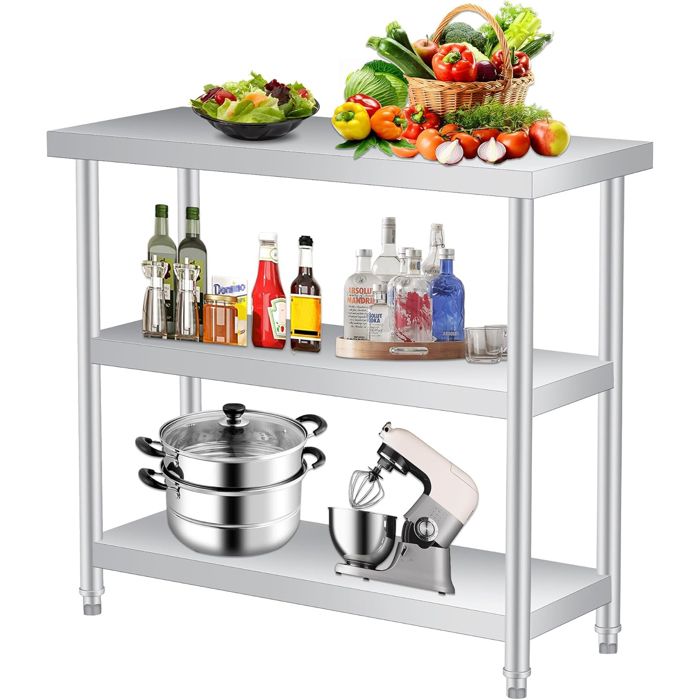 Table de travail inox 14x24x34 po 3 niveaux 2 étagères gants antirouille cuisine restaurant garage intérieur extérieur