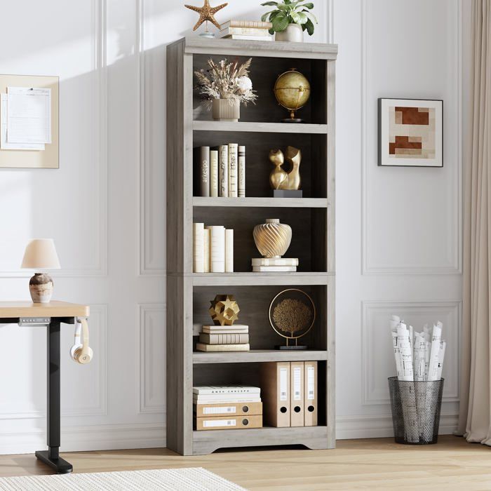 Bibliothèque campagne 5 niveaux 69 L236 gris bois antidérapante salon bureau chambre
