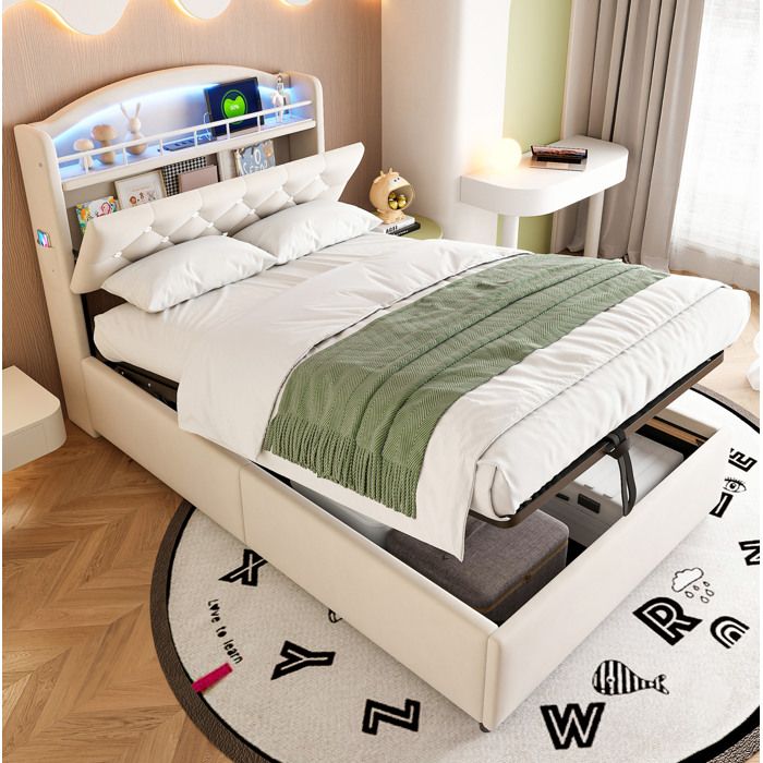 VEVXYN lit enfant 90x200 coffre rangement lit simple rembourré avec LED USB C tête de lit étagère beige sommier métal