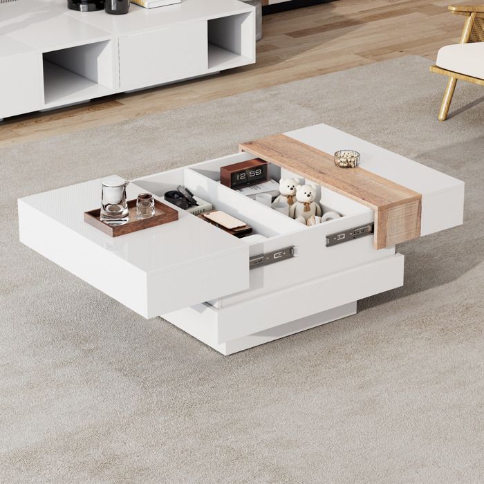 Table Basse Carree Blanc Et Bois Meuble Salon Extensible FloraGrace Pour Salon 2 Compartiments Caches 70x70x39cm