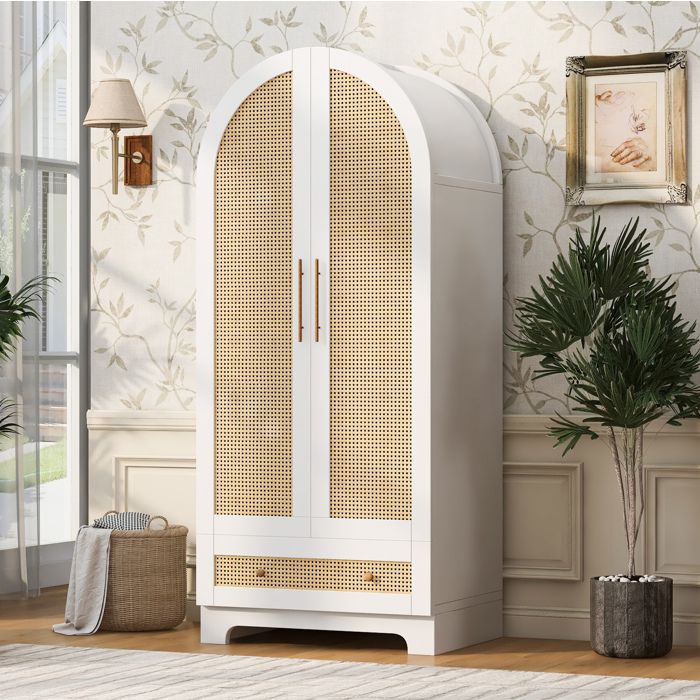 Armoire de Chambre 70×55×170 cm 2 Portes Battantes 2 Tiroirs Espace de Rangement Effet Rotin - BEAUNIV - Blanc