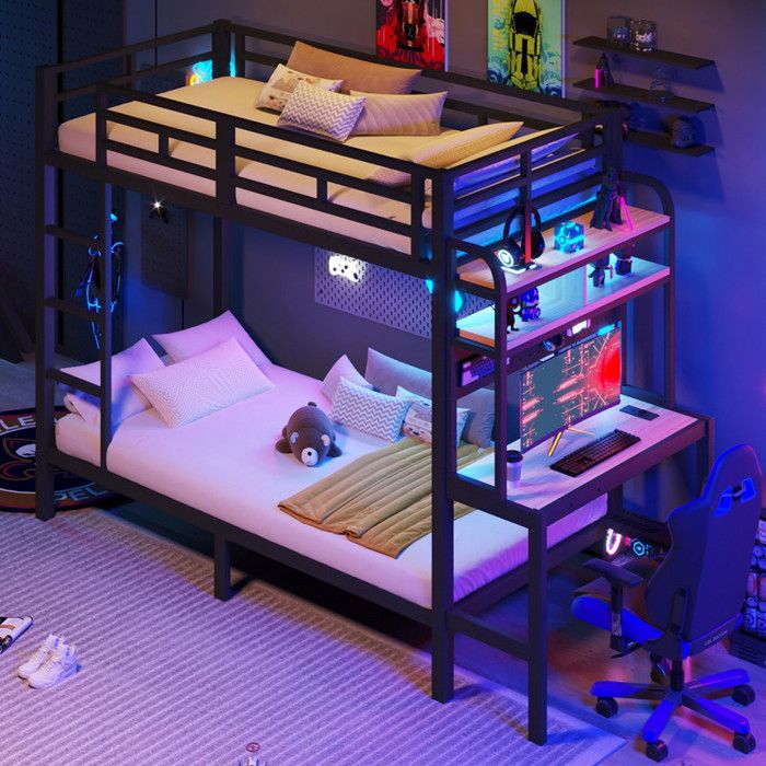 Luscriate - Lit superposé 90x200 cm Lit ado avec LED USB bureau rangements – noir