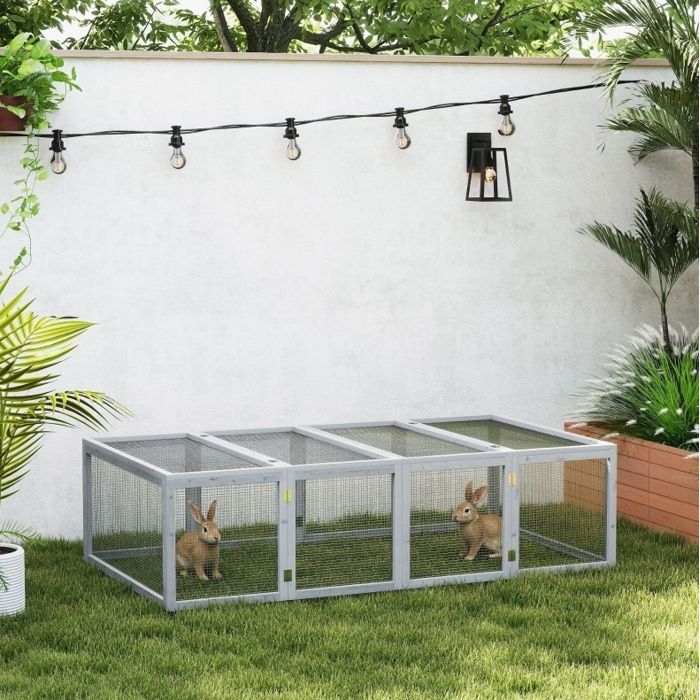 Enclos pour petits animaux extérieur en bois de sapin gris avec 2 couvercles ouvrants 181 × 100 × 48 cm