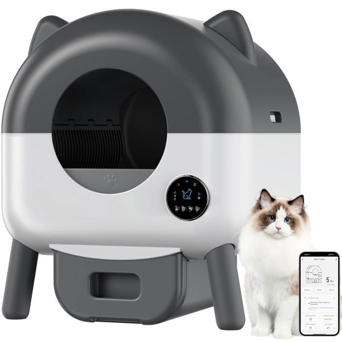 Bac à Litière Autonettoyant 76L - Smart pour Chats Multiples - App Silencieux Anti-Odeur Capteurs LED-gris foncé