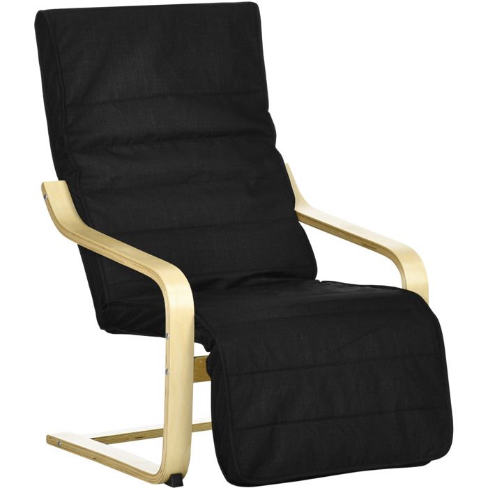 Fauteuil relax à bascule – Bois de bouleau – Repose-pieds réglable 5 positions – Noir