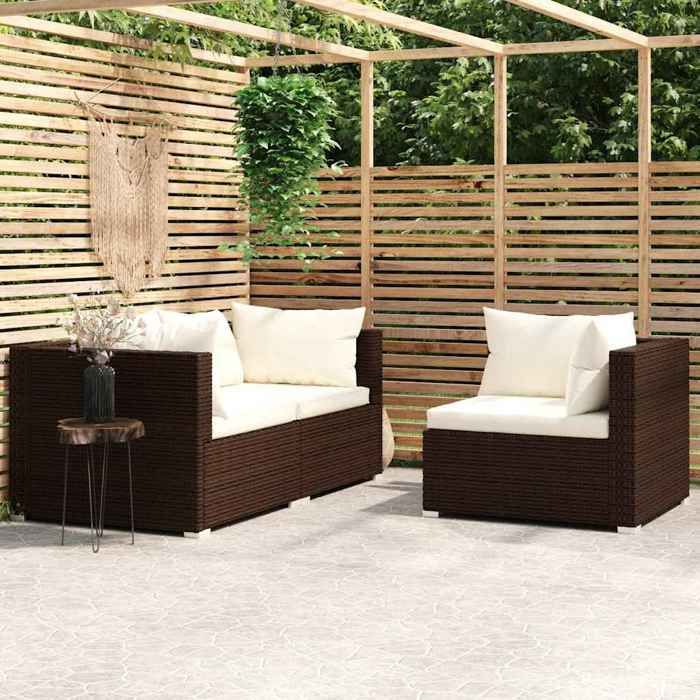Brun Salon de jardin 3 pcs avec coussins Marron Résine tressée - Siège de balcon LV62313