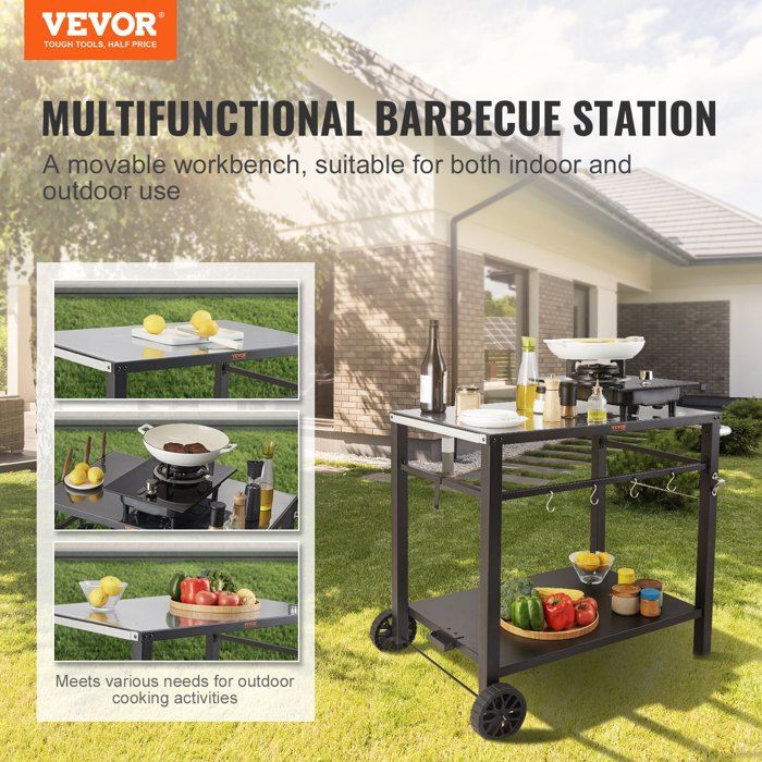 Desserte Plancha à 2 Niveaux Chariot de Barbecue avec Grand Plan de Travail Table de Barbecue sur Roulettes pour Four à Pizza Prépa…