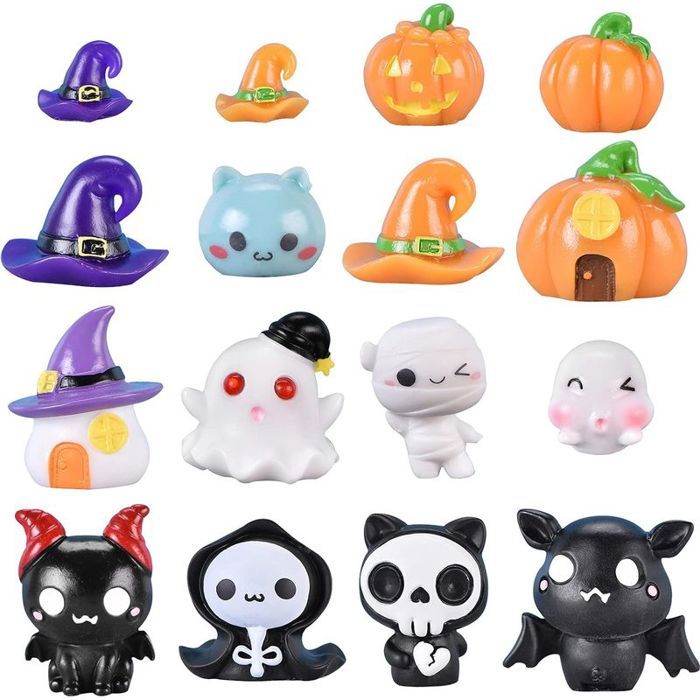 Ornement Halloween Miniature - Figurine Citrouille Momie Chapeau - Décoration Résine Thème Fête dHalloween - Lot de 16 Pièc