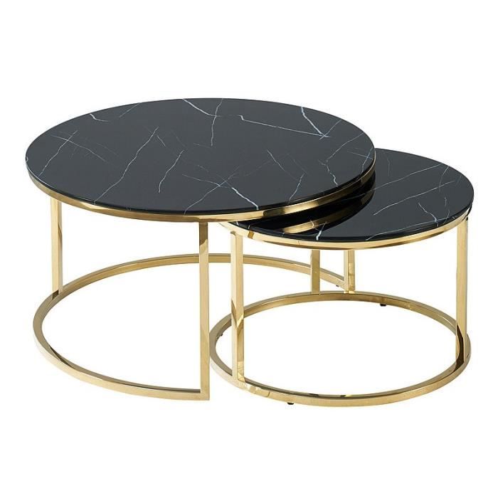 tables d'appoint - set de 2 tables gigognes effet marbre en verre - noir - pieds en acier doré - h 45 / 40 cm x d 80 / 60 cm.
