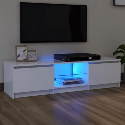 meuble tv led de salon moderne avec tablette en verre 140x40x35,5 cm blanc