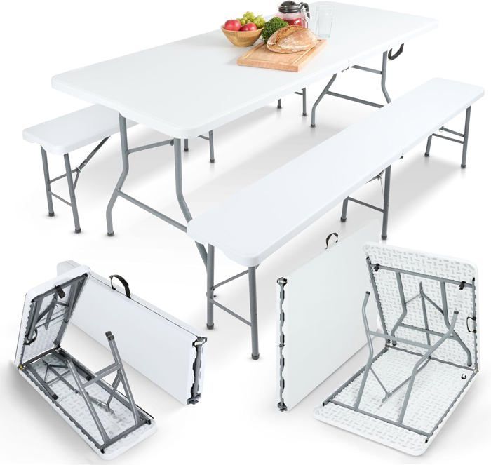 AREBOS Ensemble de Table de Camping Pliante Aspect rotin Tente à bière Banc en rotin Optique pour 6 personnes Blanc
