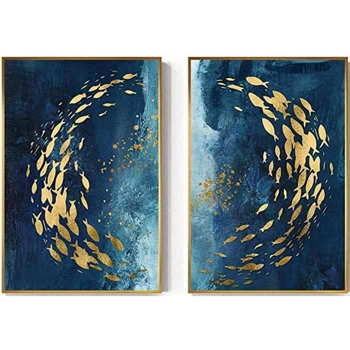 Tableau Abstrait Bleu Et Doré – Impression Sur Toile 60x120 Cm, Cadre Interne, Prêt à Accrocher - 9