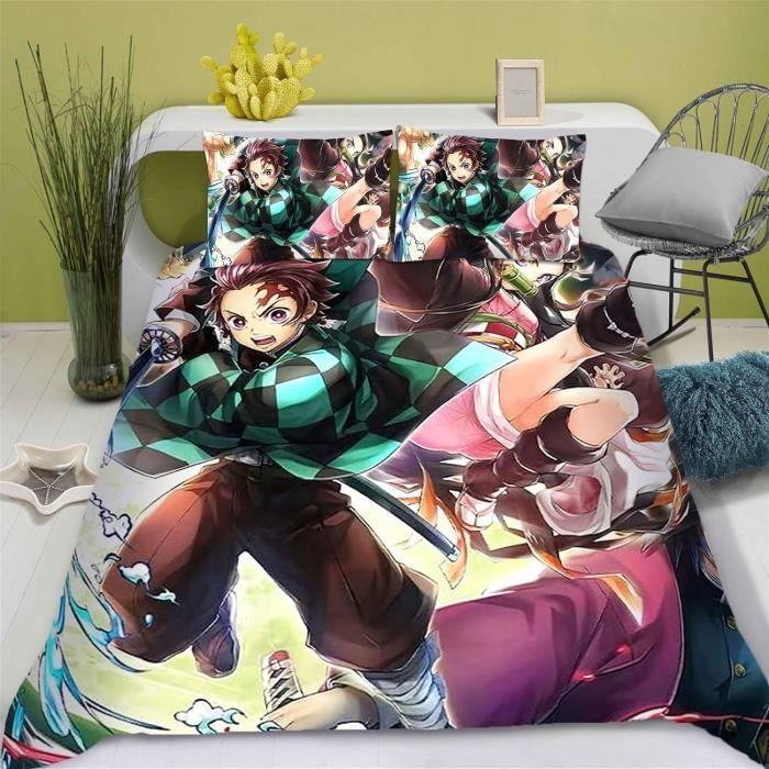 Parure De Lit Demon Slayer - Microfibre - 200x200 Cm - Housse De Couette + 2 Taies 80x80 Cm - Cadeau Fan