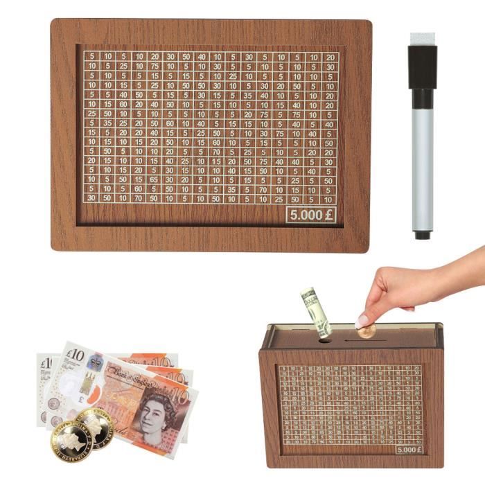 Tirelire en bois avec compteur - Rétro - Pour enfants et adultes - Avec chiffres à cocher - Réutilisable - Avec 2 objectifs sur mesure - Avec stylo effaçable