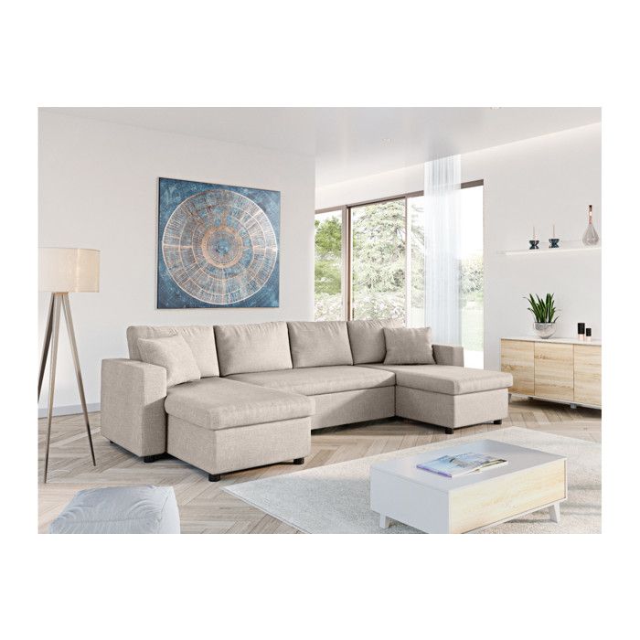 Canapé dangle Panoramique 6 places MARIA convertible Avec 2 Coffres en tissu - Beige - L295 x P146 x H81cm - LOUNGITUDE Canapé dangle Panoramique 6 places MARIA convertible Avec 2 Coffres en tissu - Beige - L295 x P146 x H81cm - LOUNGITUDE