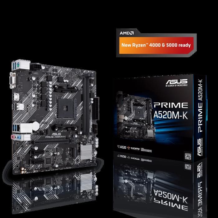 ASUS PRIME A520M-K Carte mère AMD A520 Ryzen AM4 micro ATX (M.2, 1 Gb Ethernet, HDMI/D-Sub, SATA 6 Gbps, USB 3.2 Gen 1 Type-A)