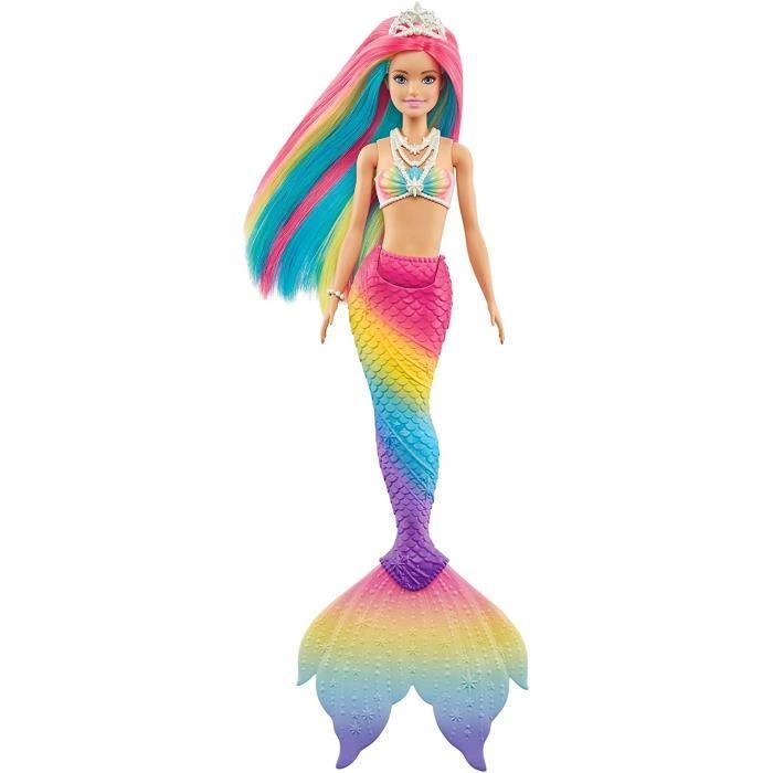 Poupee Barbie Dreamtopia Sirene Magique avec Chevelure Arc en Ciel qui change de couleur dans l eau Cdiscount Jeux Jouets