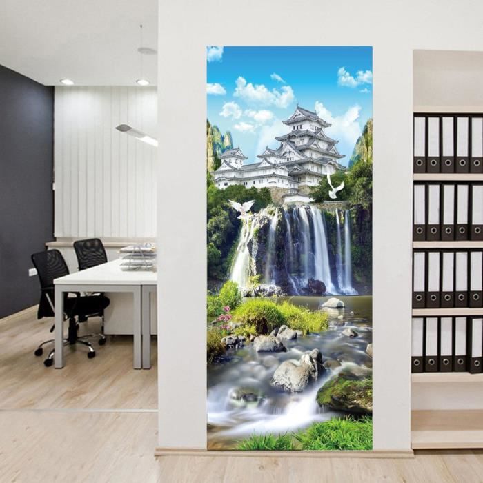 Adesivo Murale 3D Per Porta, Paesaggio Con Cascata, 77x200 Cm, Autoadesivo In PVC, Effetto Prospettiva