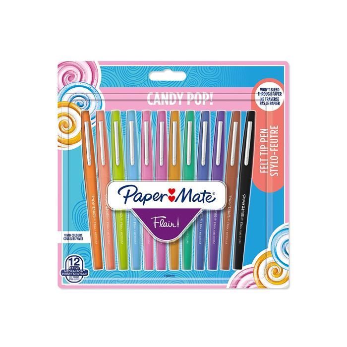 Paper Mate Flair Feutres de Coloriage Candy POP, pointe moyenne (0,7 mm), assortiment de couleurs, lot de 12