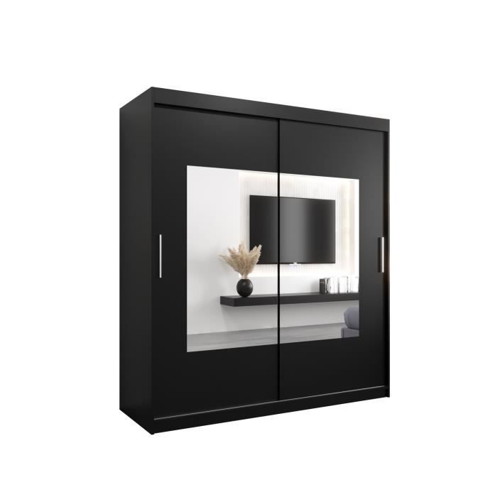 Armoire de Chambre TRINA Noir 180 avec 2 Portes Coulissantes et Miroir Penderie (Tringle) avec étagères Sans tiroirs