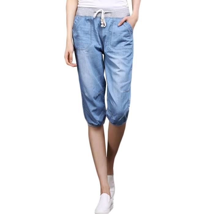 Pantacourt Femme Jeans Taille Haute Pantalon Taille Élastiquée Femme