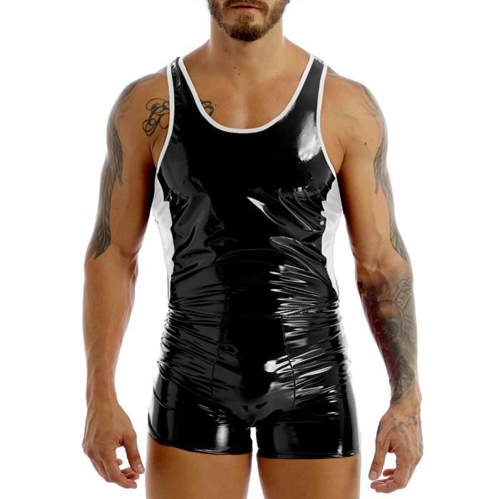 YIZYIF Body Homme Sexy Cuir Verni Combinaison Dos Nu Lingerie Wetlook Bodysuit Moulant Clubwear