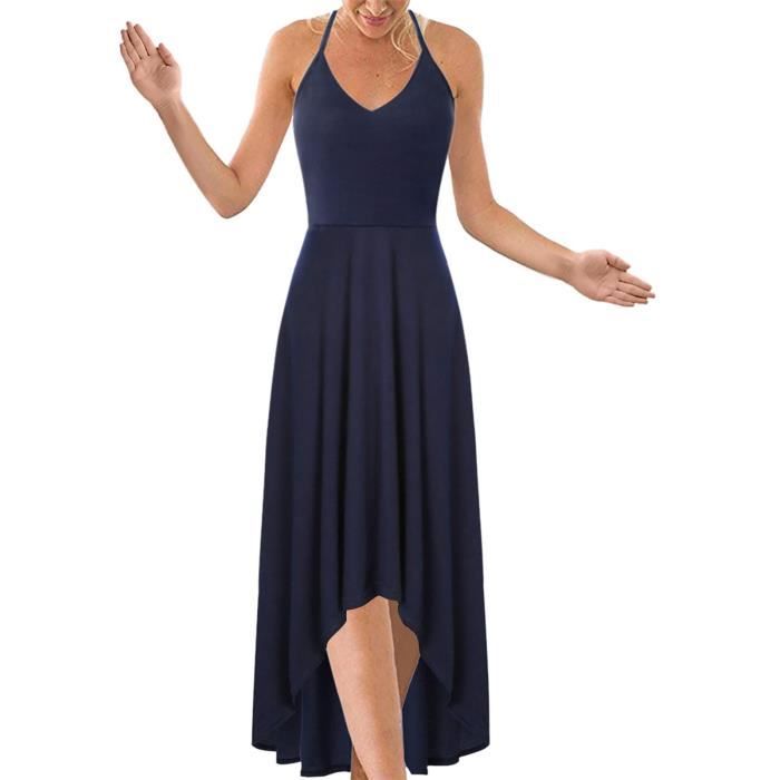 Robe Femme Chic Mousseline Soie Col Licou Vintage - Robe Courte Devant Longue Derrière Soirée Élégante