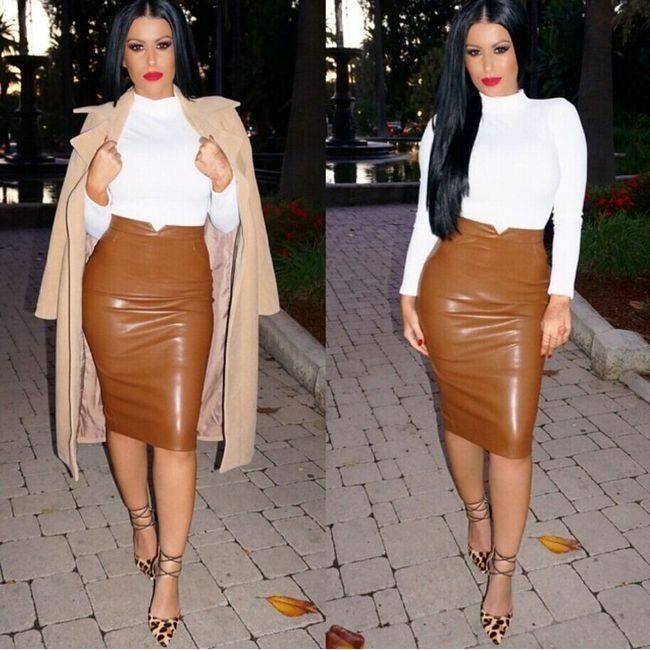 Jupe Vintage grande taille femmes jupes en cuir PU moulante crayon genou longueur OL noir Sexy jupe Mujer Latex Type Coffee