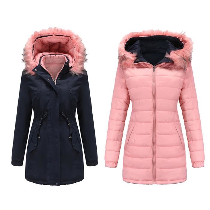 Parka Réversible Hiver Femme à Capuche - Manteau Long Chaud Polaire Et Imperméable