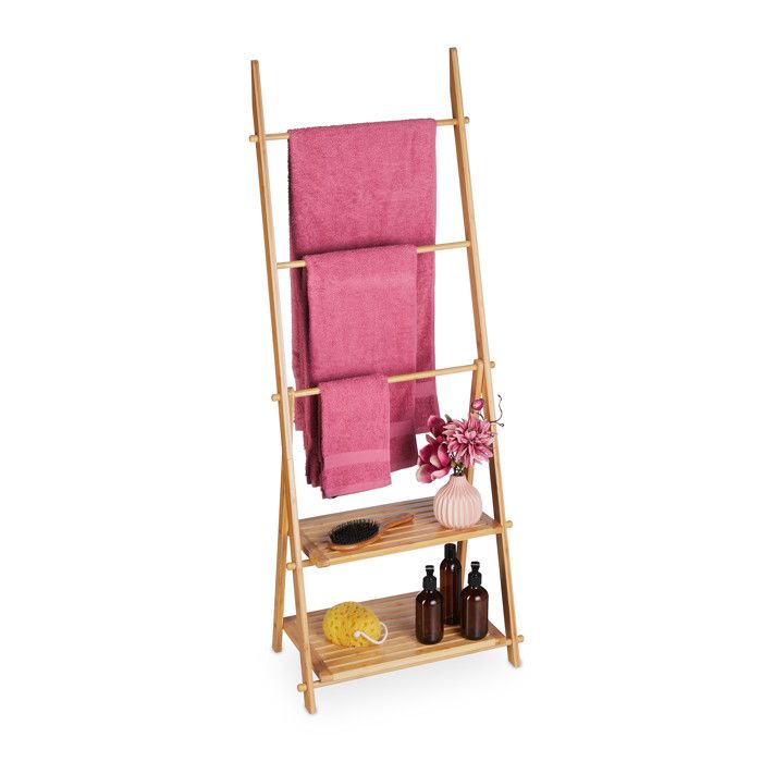 Relaxdays Porte-serviettes en bambou 3 barres 2 étagères HxLxP: 134x53x31 5 cm pliable sèche-serviettes nature