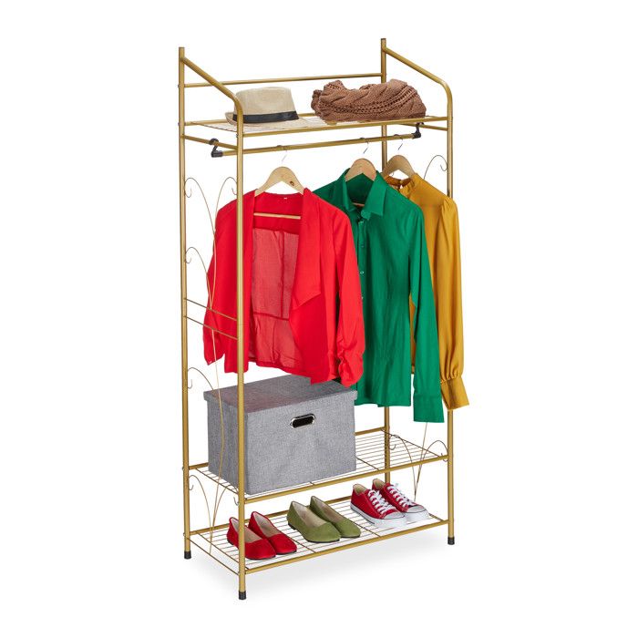 Relaxdays Penderie métal garde-robe porte-manteau HxLxP : 161 x 78 x 36 cm 3 étagères & tringle à vêtements doré