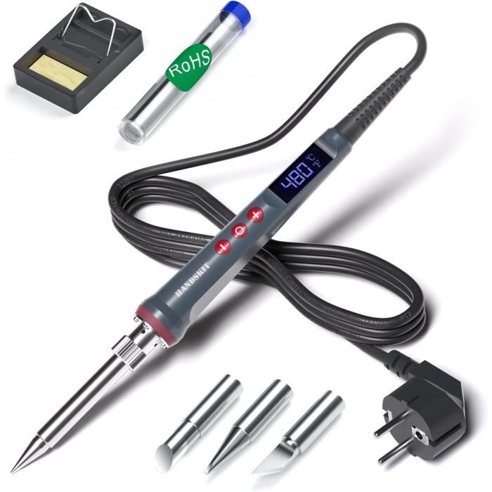 Fer à Souder 90W Température Réglable 180-480°C - Kit Avec 5 Pointes, Support & Étain - Écran LED